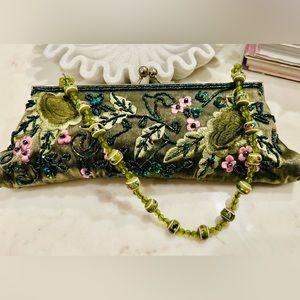 Beautiful Beaded handbag in shades of jade green & pink with beaded chain